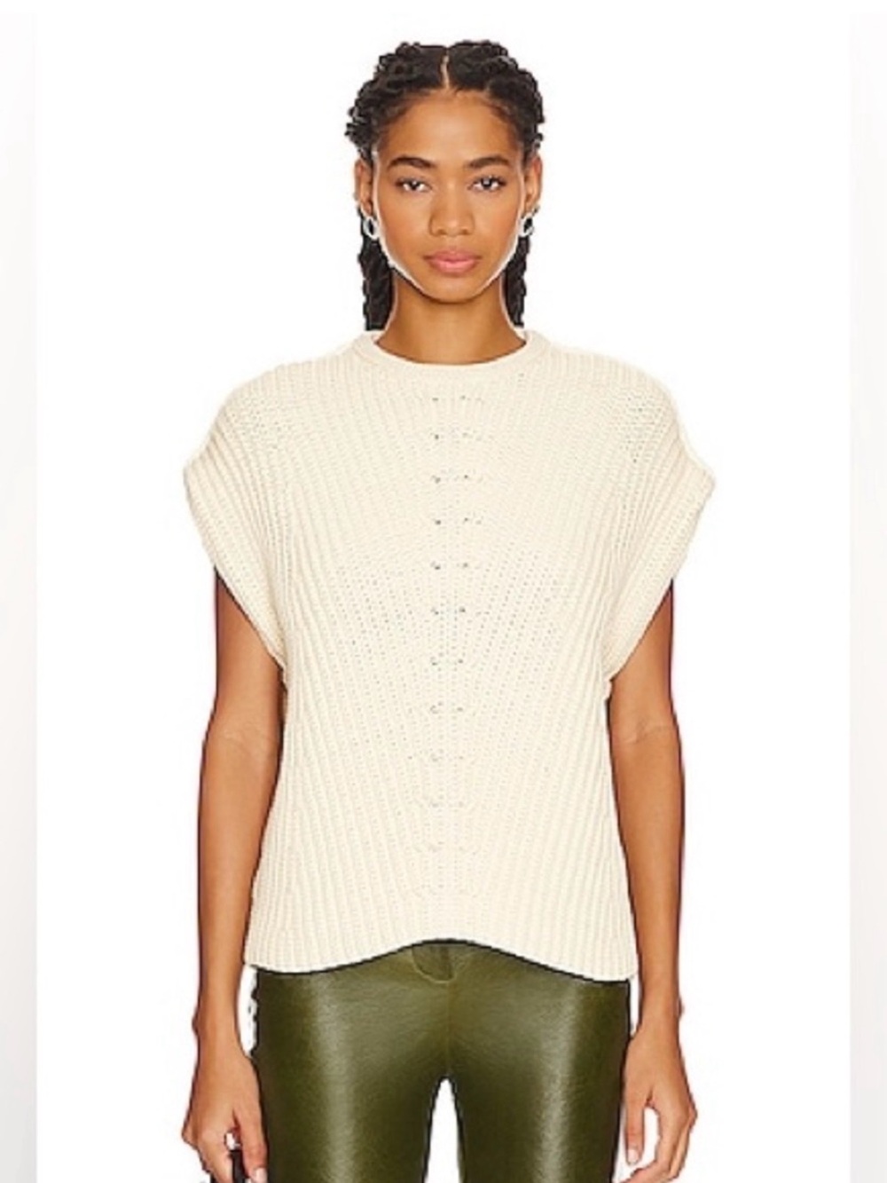 rag & bone Cream Ribbed Cap-Sleeve Crewneck Sweater Vest